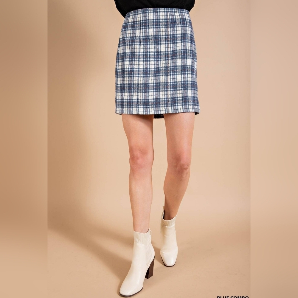 Kori Blue Plaid Mini Skirt Womans Large NWT Brushed Acadamia Preppy Twee Lurex